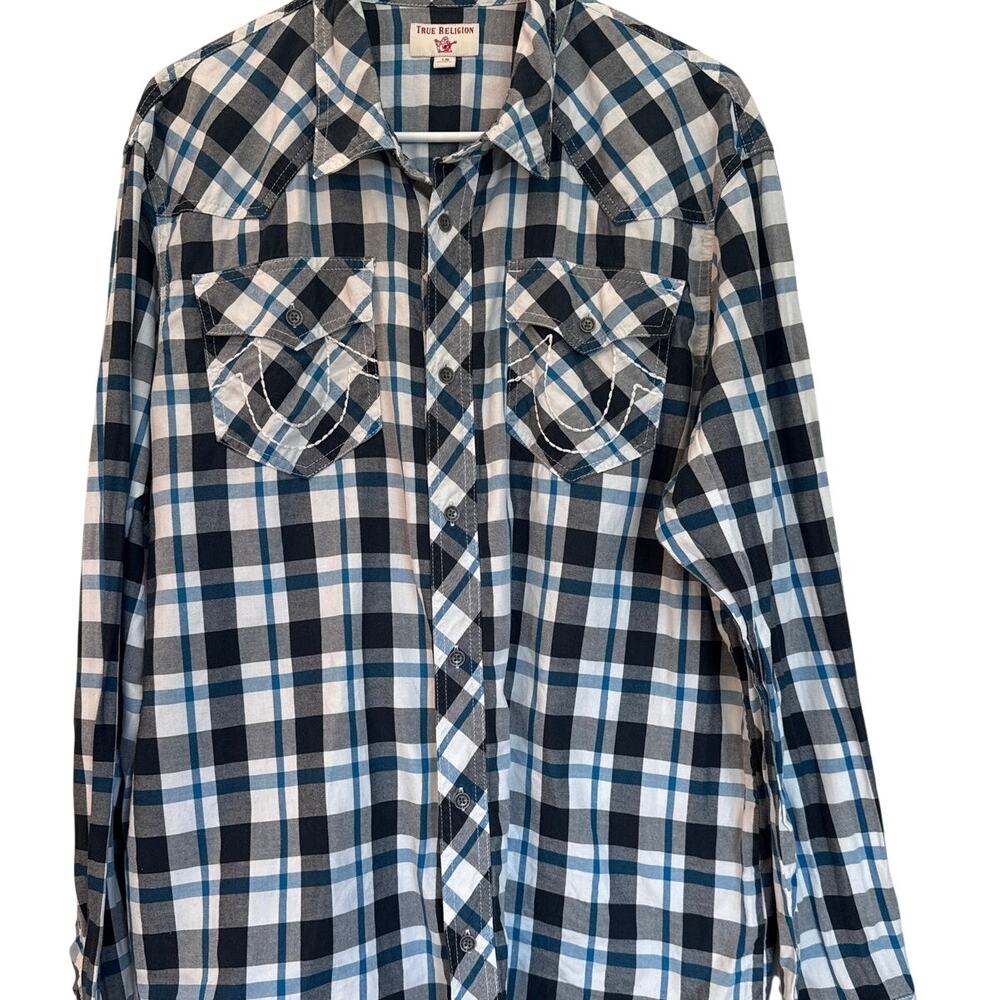 True Religion Men’s Long Sleeve Western Shirt Blue Checked Cotton L Y2K Vibes